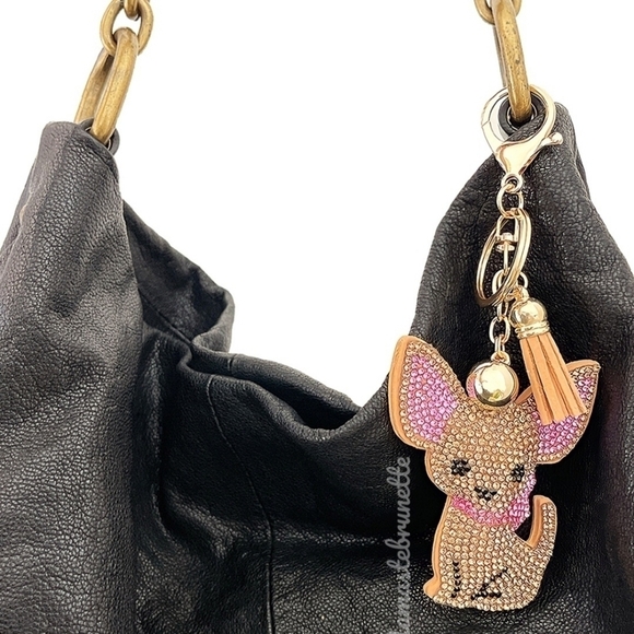 Chihuahua Dog Crystal Rhinestone Keychain Bag Charm With Tan Tassel - Picture 8 of 17